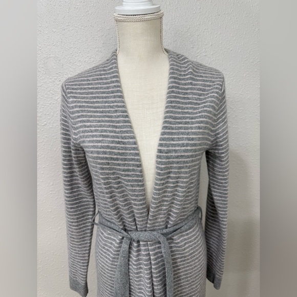 Tahari 100% Cashmere Drape Neck Striped Open Front Sweater or Rob, Gray, M - Picture 7 of 13